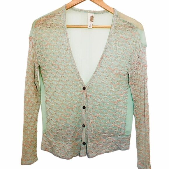 Francesca’s Birdcage Mesh Sweater Cardigan Mint Green S - Picture 1 of 8